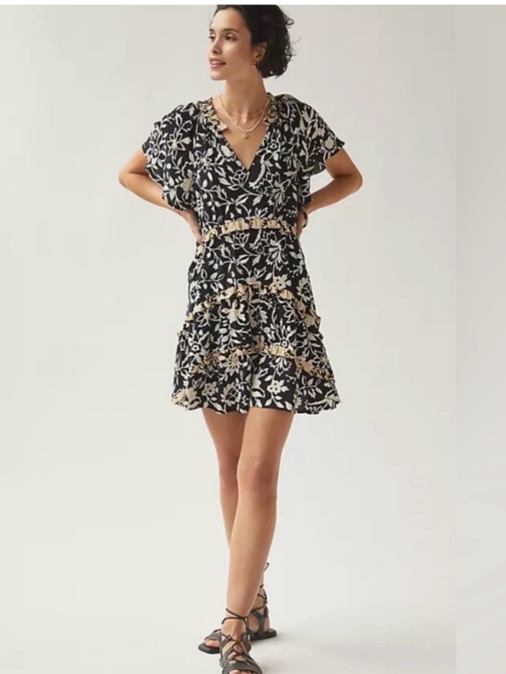 Anthropologie Floral Tiered Mini Dress - Black & Ivory